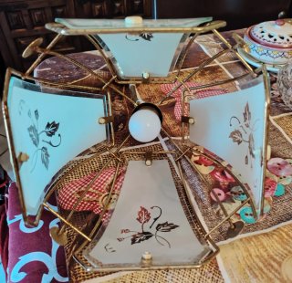 Lampadario Ottone e Vetro Stile Liberty Anni '70