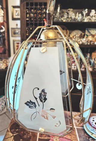 Lampadario Ottone e Vetro Stile Liberty Anni '70