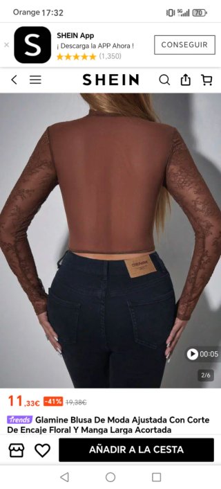 Blusa manga larga encaje marrón