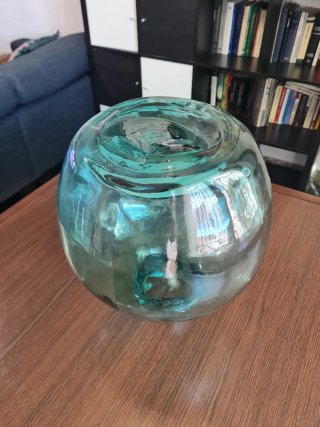 Garrafa vidrio turquesa soplado boca ancha vintage