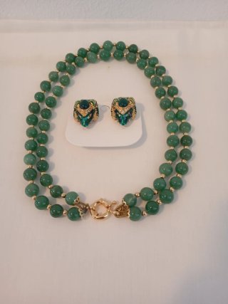 Collar doble Ágata verde 45 cm y pendientes