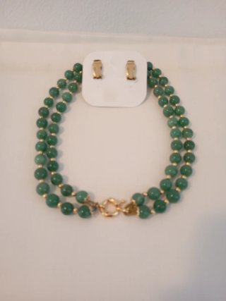 Collar doble Ágata verde 45 cm y pendientes