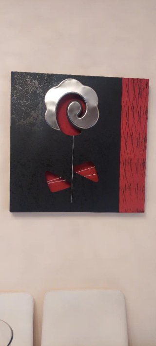 Set 2 Cuadros Flor Metal Madera Negro Rojo