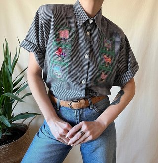 Blusa cuadros bordada vintage 90s Talla XXL