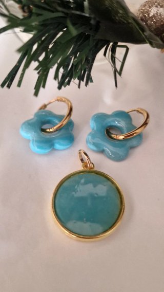Conjunto Pendientes y Colgante Flor Azul