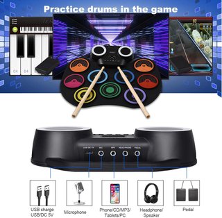 Bateria Electrica Juego G6009 Nuevo ,Juego de batería eléctrica, kit de almohadilla de batería portátil, 9 almohadillas con altavoz integrado, pantalla LED, monitoreo de pantalla con luces de colo...