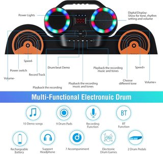 Bateria Electrica Juego G6009 Nuevo ,Juego de batería eléctrica, kit de almohadilla de batería portátil, 9 almohadillas con altavoz integrado, pantalla LED, monitoreo de pantalla con luces de colo...