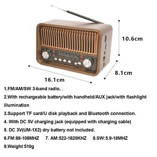 Radio Vintage HR-29BT, FM AM SW portátil, Vintage multibanda, altavoz inalámbrico Bluetooth con linterna LED, tarjeta TF, disco U AUX