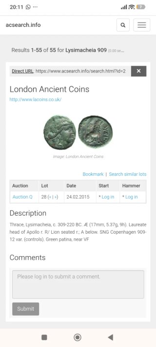 Moneda Griega Tracia Lysimacheia Antigua
