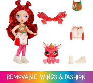 RAINBOW HIGH Littles Rainbow Fantasy Fairies & Pet - Apple, Red - Pequeña Muñeca Posable de 14 cm y Mascota Ciervo de Fantasía con Alas de Hada Intercambiables, Regalo para Niños +4