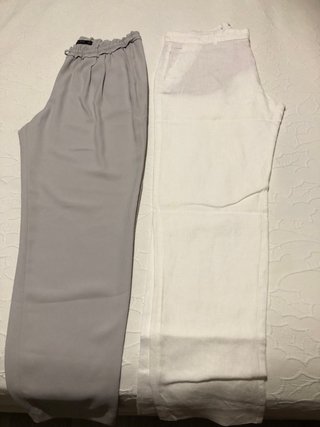Pantalón lino blanco y pantalón gris