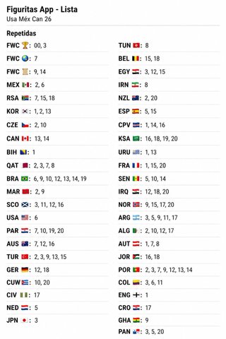 Cromos Mundial 2026 - Repetidas