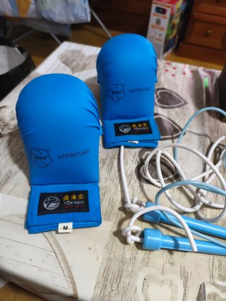 Guantes de boxeo y comba azul