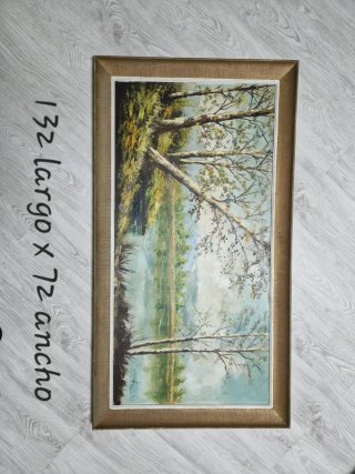 Cuadro Óleo Paisaje Río Árboles Marco Madera