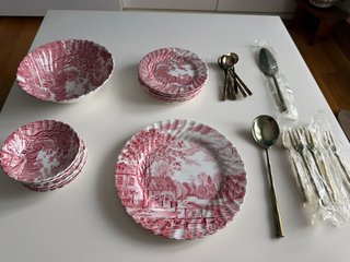 Vajilla Postre Cotswold Rojo y Blanco