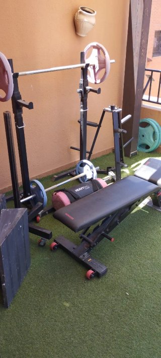 Set Gimnasio Banco, Barra y Pesas