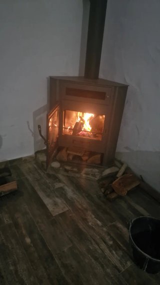 Chimenea metálica con puerta de cristal y horno