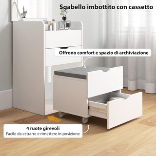 Stazione di trucco 3 in 1 con specchio pieghevole, taburete nascosto, toeletta con taburete imbottito su ruote, 3 cassetti, superficie in vetro trasparente, spazio di archiviazione, risparmia spazio...