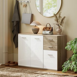 Credenza da Salotto Con 3 Armadietti e 2 Cassetti, Mobile da Salotto Moderno Salvaspazio Con Ripiano Regolabile in Legno, 106X35X76 Cm, Colore Legno