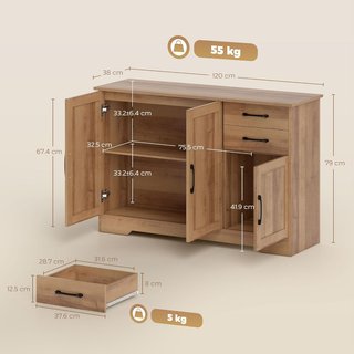 Credenza da Cucina, Mobile da Cucina Con 2 Cassetti, 2 Armadi, Credenza Buffet Con Porte Chiusura Morbida, Ripiani Regolabili, per Soggiorno, 120X38X79 Cm, Rovere