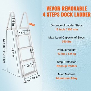Escalera de muelle, desmontable de 4 escalones, capacidad de carga de 350 lbs, escalera de barco de aleación de aluminio con escalón de 4'' de ancho y diseño de pedal antideslizante, fácil de inst...