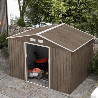 Capanno da Giardino 4,9 mq con Fondamenta, 4 Uscite d'Aria e 2 Porte Scorrevoli, Capanno per Utensili in Lamiera d'Acciaio, 277x195x192 cm, Marrone Chiaro