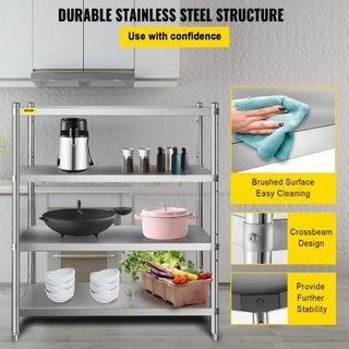 Scaffale in Acciaio Inox, 118.9 x 47 cm, Unità di Stoccaggio Regolabile a 4 Livelli, Scaffale in Acciaio Inox ad Alta Resistenza per Cucina, Ufficio Commerciale, Magazzino...