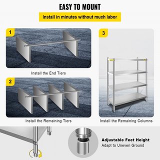 Scaffale in Acciaio Inox, 118.9 x 47 cm, Unità di Stoccaggio Regolabile a 4 Livelli, Scaffale in Acciaio Inox ad Alta Resistenza per Cucina, Ufficio Commerciale, Magazzino...