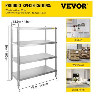 Scaffale in Acciaio Inox, 118.9 x 47 cm, Unità di Stoccaggio Regolabile a 4 Livelli, Scaffale in Acciaio Inox ad Alta Resistenza per Cucina, Ufficio Commerciale, Magazzino...