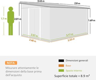 Capanno da Giardino 8,9 m² in Acciaio Zincato con 2 Ventilazioni, Tetto Inclinato, Doppie Porte Scorrevoli Bloccabili e Guanti, 280x345x169/201 cm, Nero