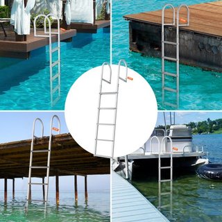 Escalera de muelle, desmontable de 5 escalones, capacidad de carga de 500 lbs, escalera de barco de aleación de aluminio con escalón de 3.1'' de ancho y pedal de diseño antideslizante, fácil de in...
