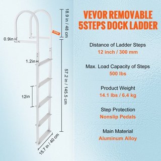 Escalera de muelle, desmontable de 5 escalones, capacidad de carga de 500 lbs, escalera de barco de aleación de aluminio con escalón de 3.1'' de ancho y pedal de diseño antideslizante, fácil de in...