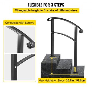 Pasamanos Transicional de 3 Pasos Se Adapta a 1 o 3 Pasos Pasamanos de Escalera Mate Pasamanos de Hierro Forjado con Kit de Instalación Pasamanos para Escaleras Exteriores (No Ajustable) (Negro)