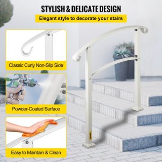 Pasamanos de 3 Pasos para Escaleras Exteriores Se Adapta a 1 o 3 Pasos Barandilla de Escalera Blanca Mate Barandilla de Hierro Forjado con Kit de Instalación Pasamanos para Escalera Exterior