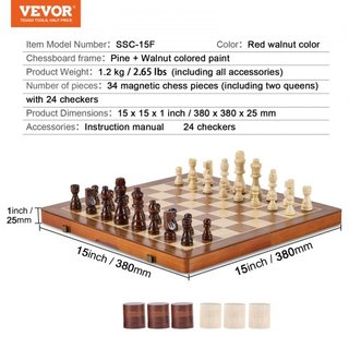 Juego de Ajedrez Magnético de Madera, Set de Juego de Ajedrez y Damas 2 en 1 de 15 pulgadas/38.1 cm, Tablero de Ajedrez Plegable para Adultos y Niños, Set de Ajedrez Portátil de 2 Reinas para Rega...