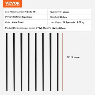 Balustres Metálicos para Escaleras, Spindles Decorativos de Aluminio Redondos de 3/4'' x 32'' de Largo, Paquete de 101 Balustres para Deck con Tornillos, Barandilla Hueca Clásica de Acabado en Pol...