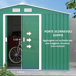 Capanno da Giardino 4,9 m² con Fondazione, 4 Uscite d'Aria e 2 Porte Scorrevoli, Tettoia per Utensili in Lamiera d'Acciaio, 277x195x192 cm, Verde Scuro
