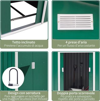Capanno da Giardino 4,9 m² con Fondazione, 4 Uscite d'Aria e 2 Porte Scorrevoli, Tettoia per Utensili in Lamiera d'Acciaio, 277x195x192 cm, Verde Scuro