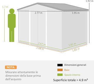 Capanno da Giardino 4,9 m² con Fondazione, 4 Uscite d'Aria e 2 Porte Scorrevoli, Tettoia per Utensili in Lamiera d'Acciaio, 277x195x192 cm, Verde Scuro