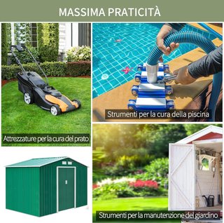 Capanno da Giardino 4,9 m² con Fondazione, 4 Uscite d'Aria e 2 Porte Scorrevoli, Tettoia per Utensili in Lamiera d'Acciaio, 277x195x192 cm, Verde Scuro