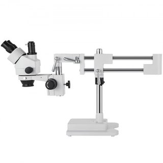 Microscopio Estéreo Trinocular Simul-Focal 3.5X-90X con Brazo Doble y Rotación de 360°