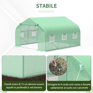 Invernadero de Jardín en Forma de Túnel con Puerta Enrollable, 6 Ventanas y Techo a Dos Aguas, Invernadero para Huerto en PE para Plantas, 3.5X3X2 M, Verde