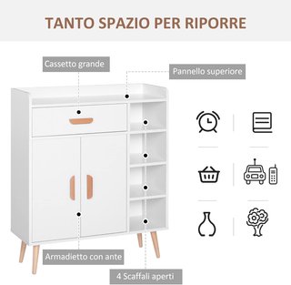 Credenza Moderna Con Armadio E Cassetto, Mobile Multiuso In Legno Per Cucina E Soggiorno, 80 X 29.5 X 96Cm Bianco