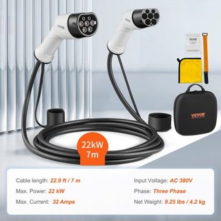 Cable de Carga EV Tipo 2 a Tipo 2, 32Amp, 22kW 7 Metros Cable de Carga de Vehículo Eléctrico Trifásico, IP66 Impermeable con Bolsa de Transporte, para IEC62196 EV y Vehículo Eléctrico Híbrido Ench...