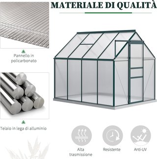 Invernadero de Jardín de Policarbonato 190X253X199Cm, Con Ventana Abatible y Puerta Corredera, Estructura de Aluminio, Verde
