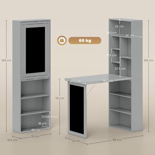 Scrivania con Libreria e Lavagna, Scrivania Salvaspazio con Piano Pieghevole in Legno di Pino, Scrivania con Ripiani Regolabili, per Camera, Studio, Ufficio, 98X51X153 Cm, Grigio