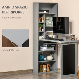 Scrivania con Libreria e Lavagna, Scrivania Salvaspazio con Piano Pieghevole in Legno di Pino, Scrivania con Ripiani Regolabili, per Camera, Studio, Ufficio, 98X51X153 Cm, Grigio