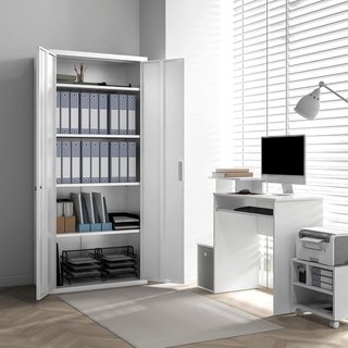 Armadio Ufficio 5 Livelli Con 4 Ripiani Regolabili, Armadio Metallo per Documenti Con 2 Porte, Serratura E 2 Chiavi, 80X40X180 Cm, Bianco