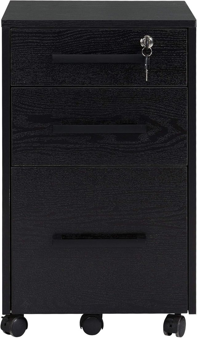 Arquivador de Escritório com 3 Gavetas e Fechadura, de Madeira, Preto, 39,2 x 40 x 65,4 cm