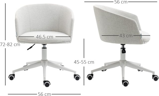 Cadeira de Escritório com Altura Regulável, Rodas e Assento Giratório a 360° em Tela, 56X56X72-82Cm, Cinza Claro